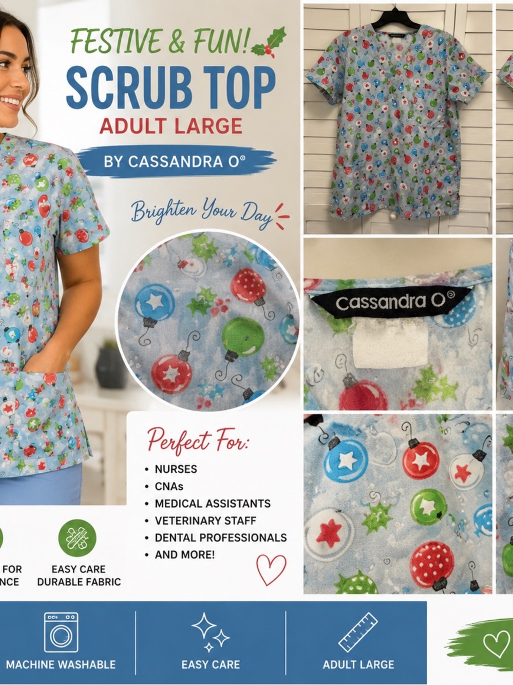 Vintage Cassandra O Scrub Top Large Blue Christmas Ornament Holiday Nurse CNA